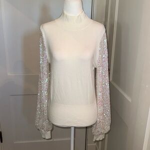 Women’s White Sequin Sleeve Balloon Sleeve Sweater Size Small